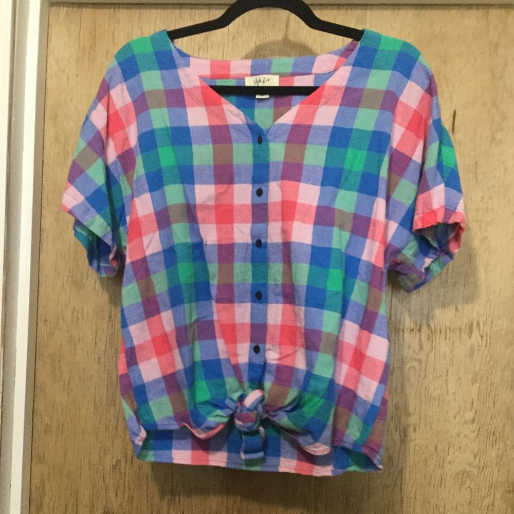 Style & Co plaid short sleeve button down tie front shirt medium